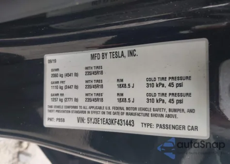 2019 Tesla Model 3 Long Range/Mid Range/Standard Range/Standard Range Plus из США, поврежденный, VIN 5YJ3E1EA3KF431443